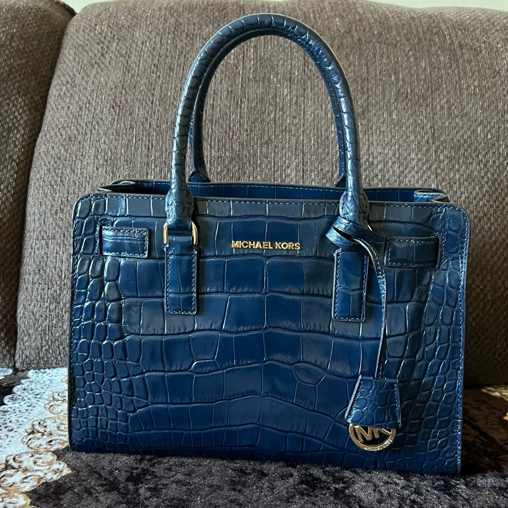 MICHAEL KORS Dillon Navy Blue Croc Embossed Leather Handbag Satchel Bag NWT